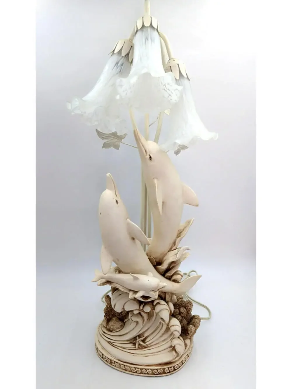 VTG Ceramic Sculpted 3D Dolphins Table Lamp 3 Lights Glass Tulip Shades 30